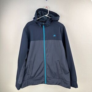 Russell Track Jacket Mens XL (46-48) Blue Hooded Fleece Full Zip Athletic Sports